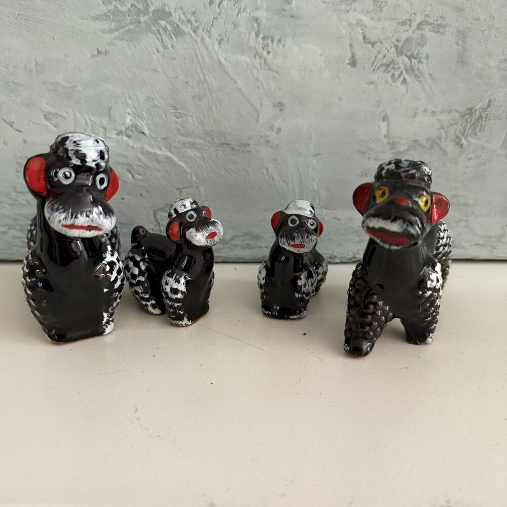 Vintage Poodle Dog Family Dad Mom Pups Black White Red Japan Set Of 4 MCM